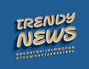 Vector stylish logo Trendy News. Handwritten Alphabet Letters and Numbers. Artistic 3D Font