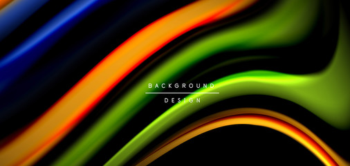 Abstract silk smooth lines on black, multicolored liquid fluid rainbow style waves on black