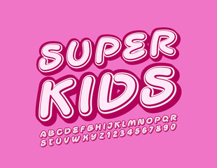 Vector stylish logo Super Kids with pink Font. Bright Alphabet set.