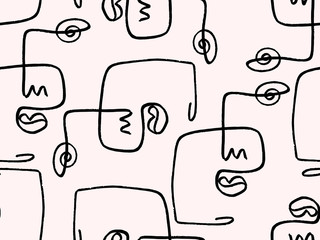 Abstract line art faces in black. Seamless vector pattern
