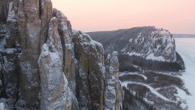 Snow-covered rocks and woods in Yakutia