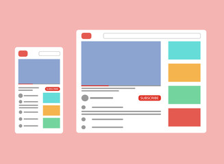 Desktop Video player. PC and smartphone social media interface. Play video online mock up subscribe button. Tube window with navigation icon. Vector illustration.