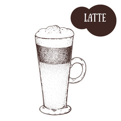 Latte coffee cup sketch. Hand drawn illustration. Engraved vector illustration. Latte cup.