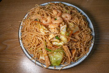 Chinese food, fried noodles with seafood
