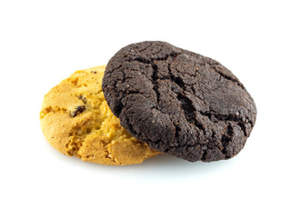 Vanilla and chocolate raisin cookies on white background