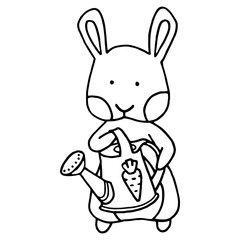Hand drawing vector illustration. Coloring page. Cartoon rabbit with a watering can. Rabbit the gardener. Cute character. Spring rabbit. Easter. Book illustration. Use for prints, stickers, posters.