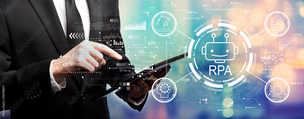 Aufkleber robotic process automation concept with businessman using his tablet computer