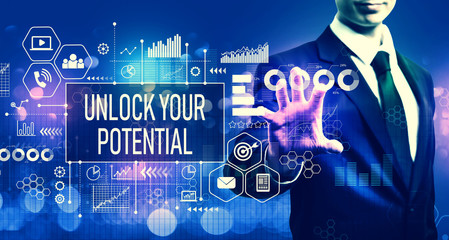 Unlock your potential with businessman on blurred blue light background