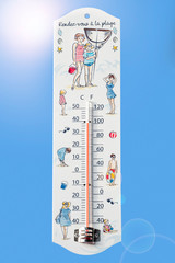 Thermometer measures extremely hot temperature of 38 degrees Celsius / 38 °C / 100 °F during heatwave / heat wave in summer