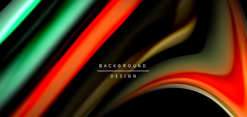 Abstract silk smooth lines on black, multicolored liquid fluid rainbow style waves on black