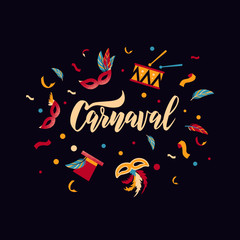 Obraz premium Carnaval hand lettering text as banner, card, logo, icon, invitation template. Vector illustration with colorful party elements.