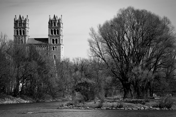 Church on a river - black and white