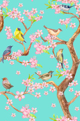 elegant seamless texture with colorful little birds sitting on flowering branches of tree on blue background. watercolor painting