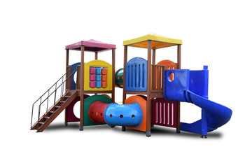 Colorful Combination playground structure for small children; slides, climbers (stairs in this case), playhouse Isolated on white background 