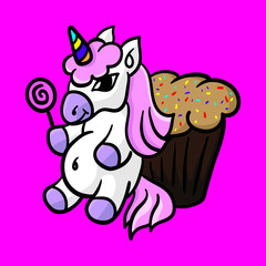 Vector cute unicorn with candy and cake