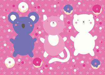 cute kawaii postcard with animals and donuts