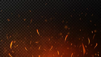 Zelfklevend Fotobehang Vuurvonken op donkere transparante achtergrond. Opvliegende vonken, brandende vuurdeeltjes met rooktextuur. Realistisch vlameffect © Yevhenii