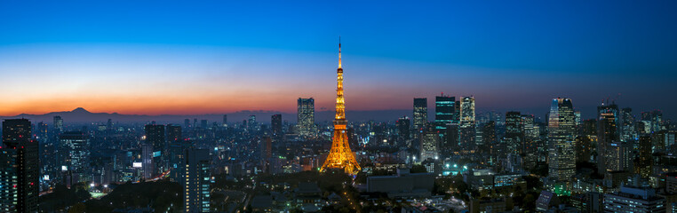 Panorama image of Tokyo tower and skyscrapers at magic hour