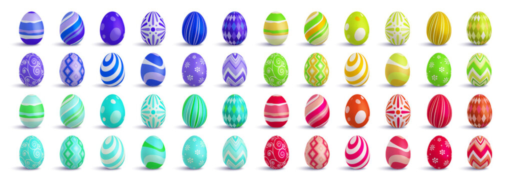 Set of cute colorful 3d realistic Easter eggs on isolated background, decorative vector elements collection