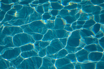 Pattern of blue water surface reflection swimming pool, Ripple wave and motion water for blue background and abstract, Bright and purified azure aquamarine turquoise water with sun reflection in pool