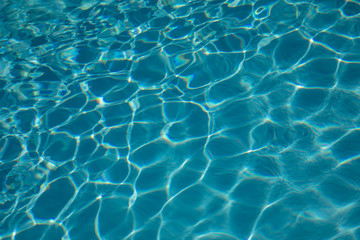 Pattern of blue water surface reflection swimming pool, Ripple wave and motion water for blue background and abstract, Bright and purified azure aquamarine turquoise water with sun reflection in pool
