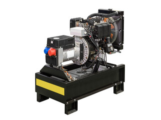 Mobile, portable mobile diesel or gasoline generator, black, with remote control, isolated on white background.