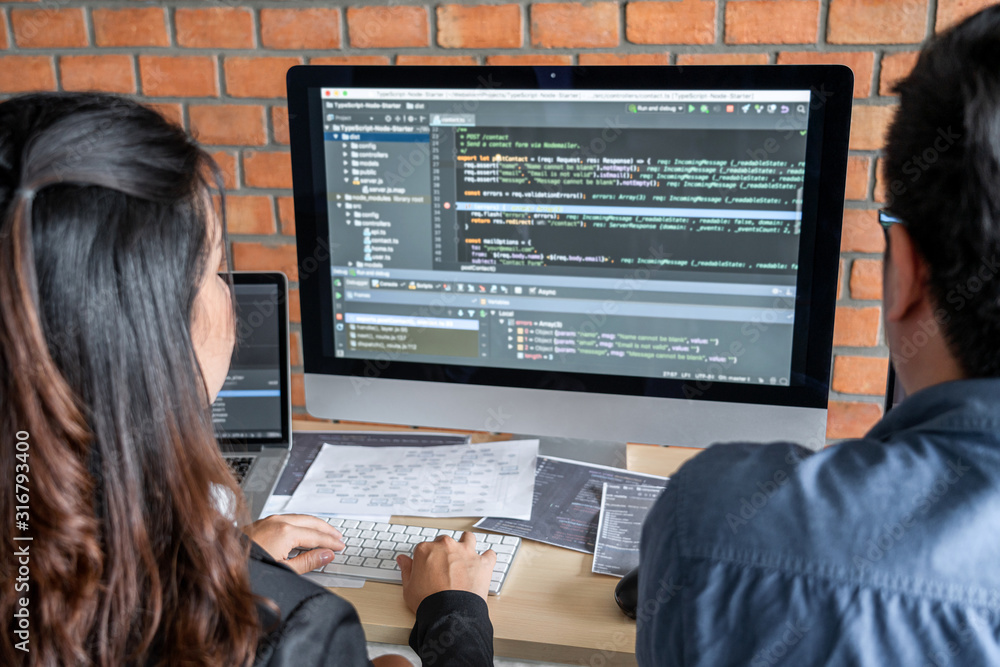 Aufkleber Programmers cooperating at Developing programming and website working in a software develop company office, writing codes and typing data code, Programming with HTML, PHP and javascript