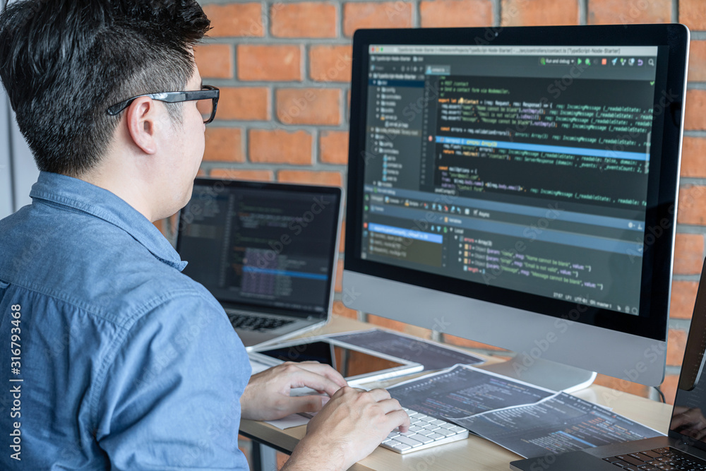Aufkleber Young Professional programmer working at developing programming and website working in a software develop company office, writing codes and typing data code, Programming with HTML, PHP and javascript