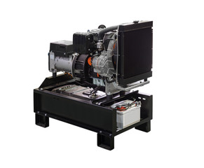 Mobile, portable mobile diesel or gasoline generator, black, with remote control, isolated on white background.