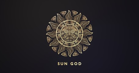 Aztec Sun God. 3d golden ancient symbol. Sun icon. Aztec geometric sun. 6k ancient relic. Ornamental Colorful sun.