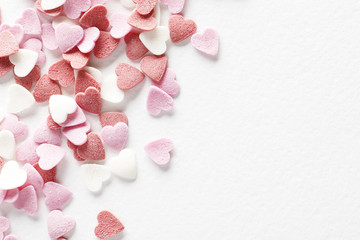 Decorative hearts closeup on white. Valentine's day decor concept. February 14
