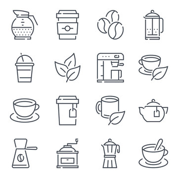 Coffee and tea related line icon set. Coffee house linear icons. Coffee break outline vector sign collection.