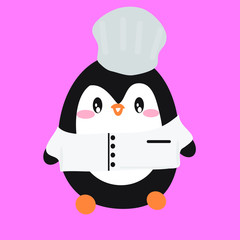 Penguin character with chef cooking.