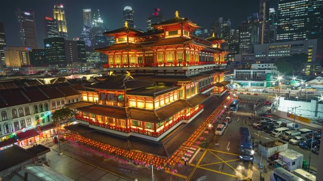 Timelapse Buddha Tooth Relic Temple at night in Singapore 