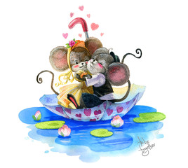 Two in love mice hug each other and swim in the umbrella on the water. Watercolor illustration