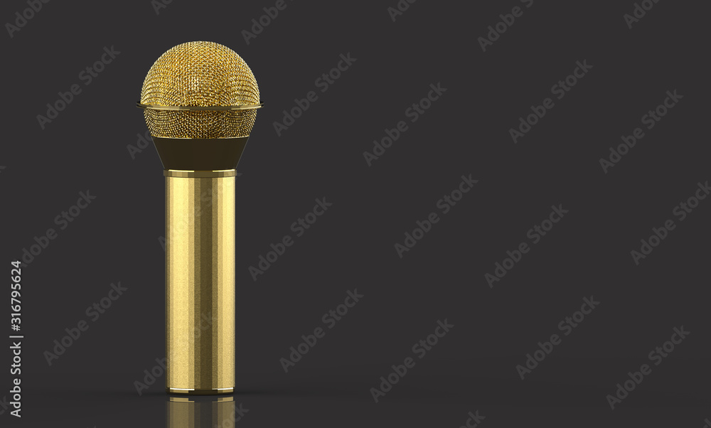 Aufkleber 3d rendering. a golden microphone with clipping path isolated on gray background.