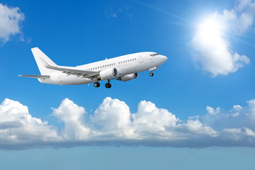 Fototapeta na wymiar Passengers commercial airplane flying among the clouds sunshine. Concept travel by air.