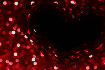valentines day red abstract background with heart and glitter bokeh on black,  valentines day card, abstract love bokeh shiny confetti textured template