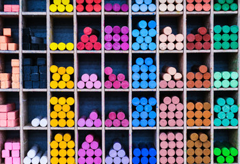 Sets of red and blue shaded markers at stationery store