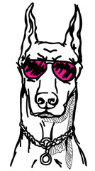 Stylized illustration of a Doberman dog in pink glasses