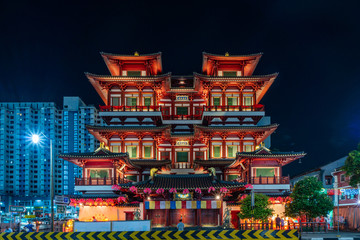 Facade of Buddha Tooth Relic Temple & Museum at night