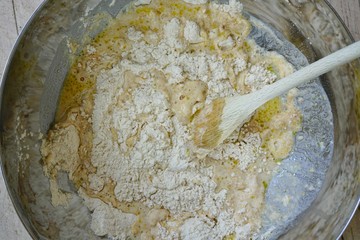 Making the flour and water yeast dough in a bowl for miracle overnight no knead bread