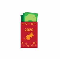 money on red envelope "angpao" chinese new year tradition gift with rat and 2020 text decoration ornament in cartoon flat illustration