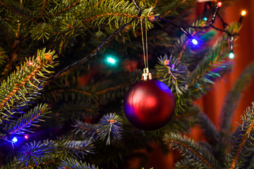 Fototapeta na wymiar Christmas decoration red ball hanging on Christmas tree