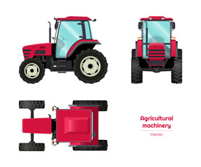 Isolated tractor. Side, front and top view of agriculture machinery. Farming vehicle in cartoon style. Industry blueprint