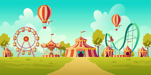 Carnival funfair, amusement park with circus tent, roller coaster, carousel and ferris wheel. Vector cartoon illustration of summer landscape with attractions and balloons © klyaksun