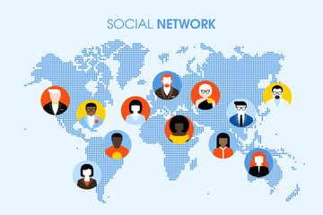 Social network flat concept with communicating people on a dotted world map