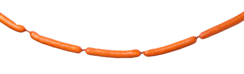 Delicious hanging sausages isolated on white background