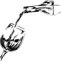 Wine , alcohol sketch. Pouring wine in glass. Isolated on white background . Concept for print, logo, cards , menu 