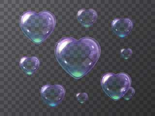 Set of purple soap bubbles hearts